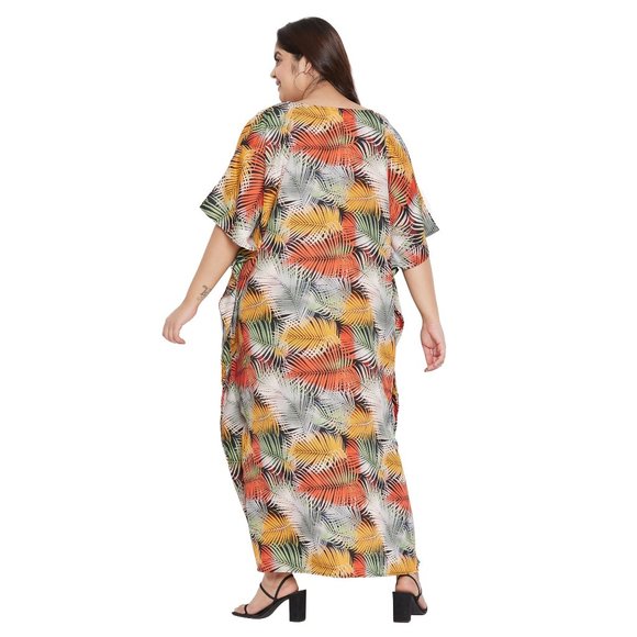 Women Multicolor Polyester Leaf Printed Kaftan Maxi Party Dress by Gypsie Blu - Picture 8 of 9